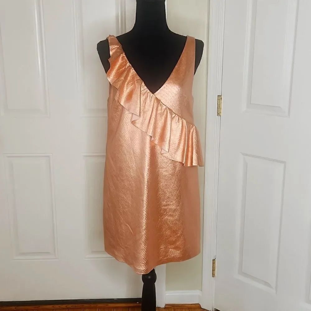 ZARA Metallic Rose Gold Faux Leather Deep V Ruffle Frill Mini PartyDress Small - Picture 2 of 10